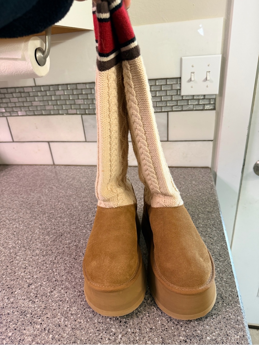UGG Tan Suede Platform Mules with Cream Knit Shaft and Red Accent